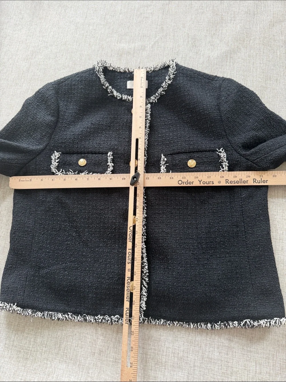 LOFT Tweed Jacket Women’s Large Black Textured Cropped Contrast Fringe Trim